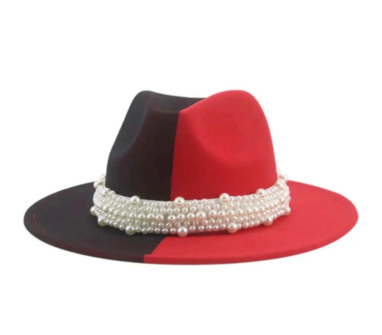 Red and Black pearl fedora hat