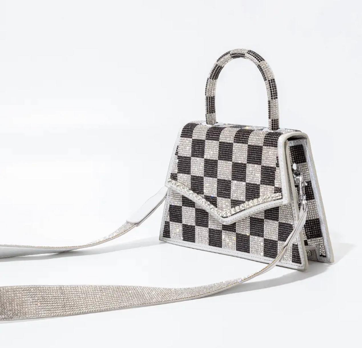 Checkered pattern crystal evening bag| black, and white Rhinestones purse
