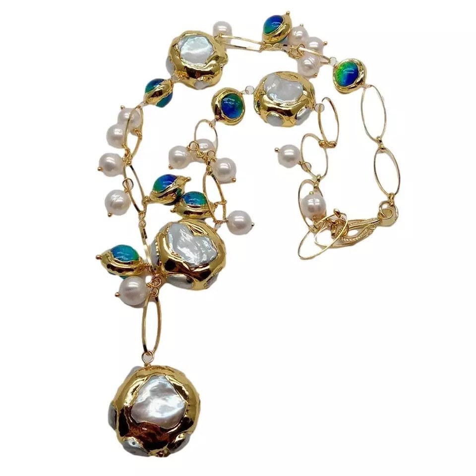 Blue Murano Glass Pearl Statement Necklace. - Pink Fantasma