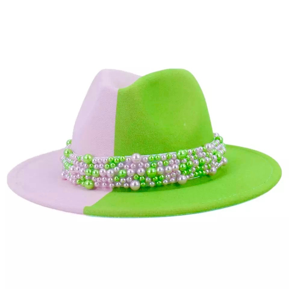 Pink and Green Fedora Hat with pearls