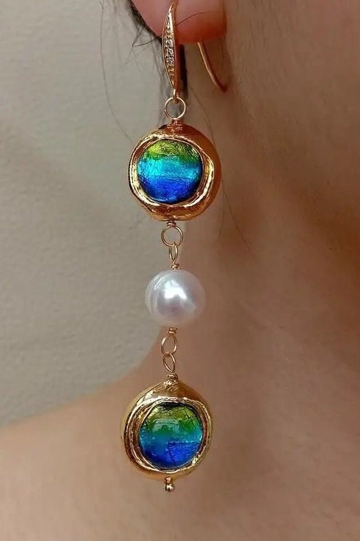 White Keshi Pearl Blue Murano Glass Dangle Earrings| Pearl earrings