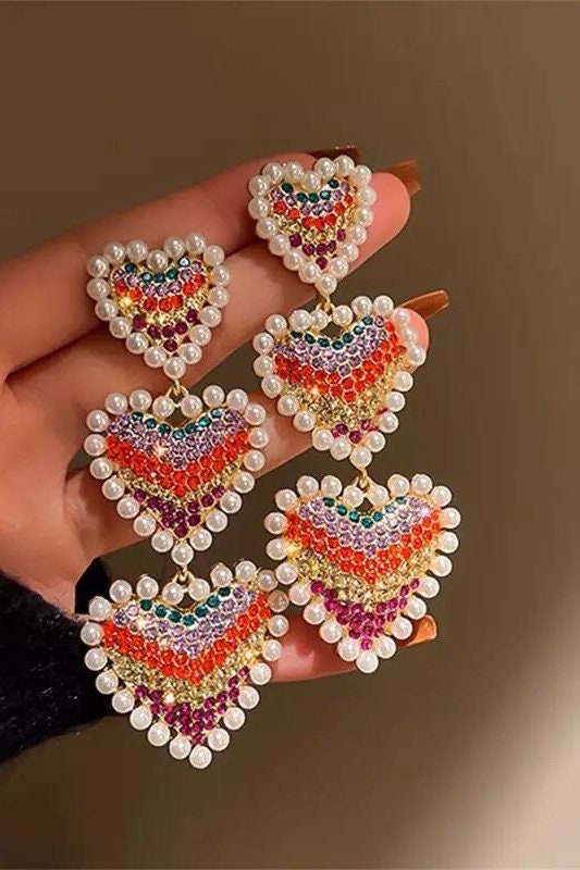 Colorful Crystal Heart Dangle Earrings|Heart colorful statement earrings