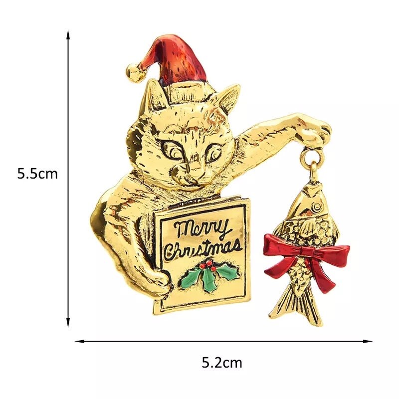Cat Brooch |Cat Brooch Pin with dangling fish| Christmas Brooch|Gold Brooch
