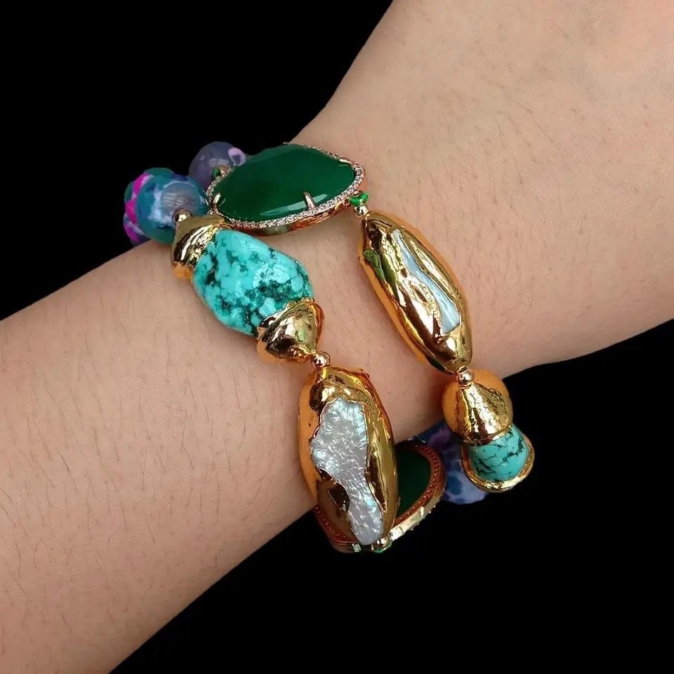 Pearl bracelet,green and purple color agate, white biwa pearl, blue turquoise 2 strands bracelet