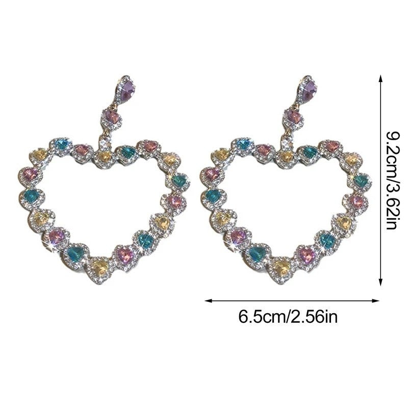 Colorful Zircon Crystal Heart Dangle Earrings|Heart colorful statement earrings - Pink Fantasma