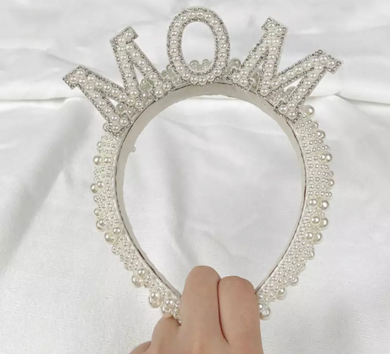 Mom Tiara,Mothers Day Tiara, Mom Birthday Tiara,Baby Shower Tiara, Baby Shower Crown. Mom, White pearl headband