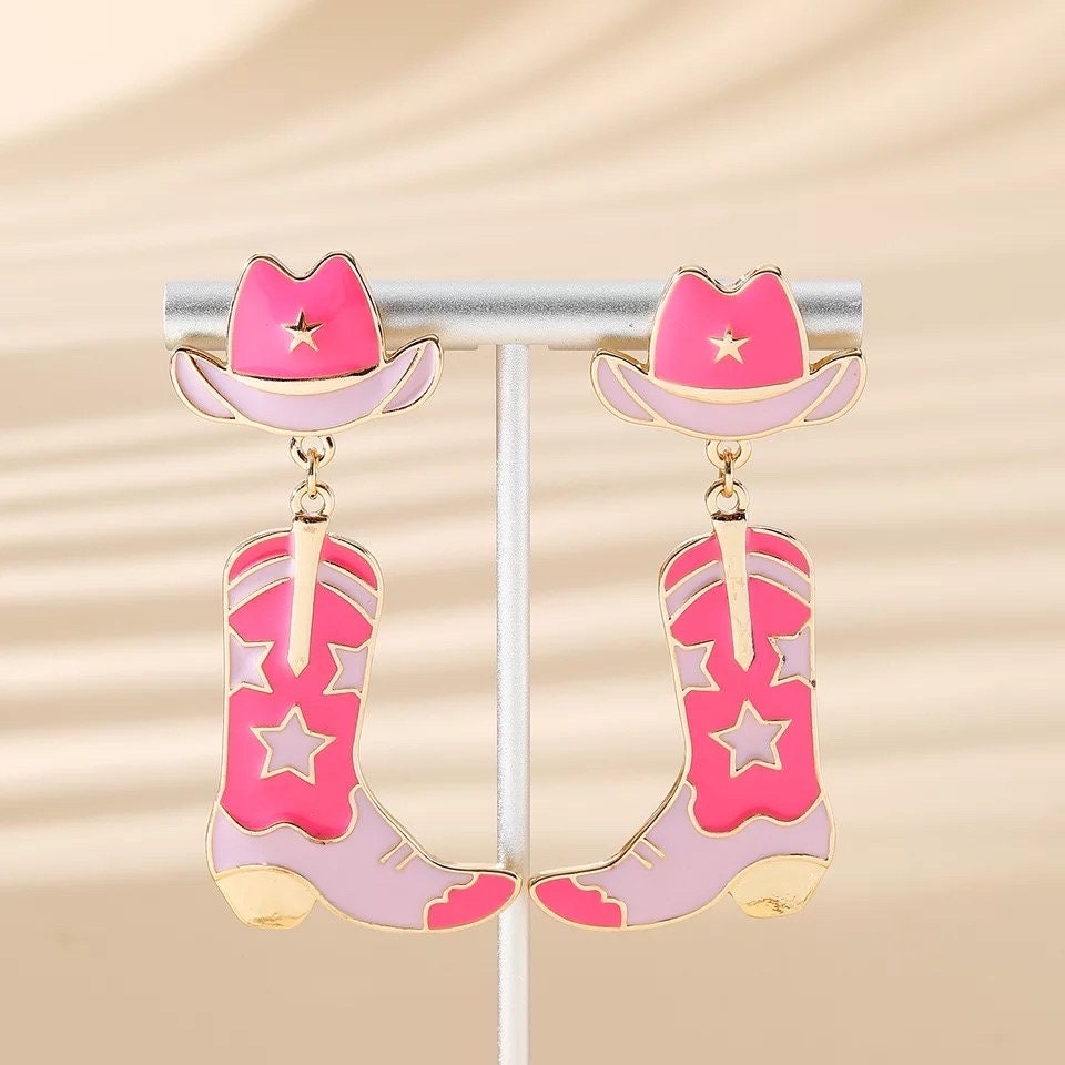 Cowgirl boots earrings| Pink Cowboy boot earrings with Pink Cowboy hat - Pink Fantasma