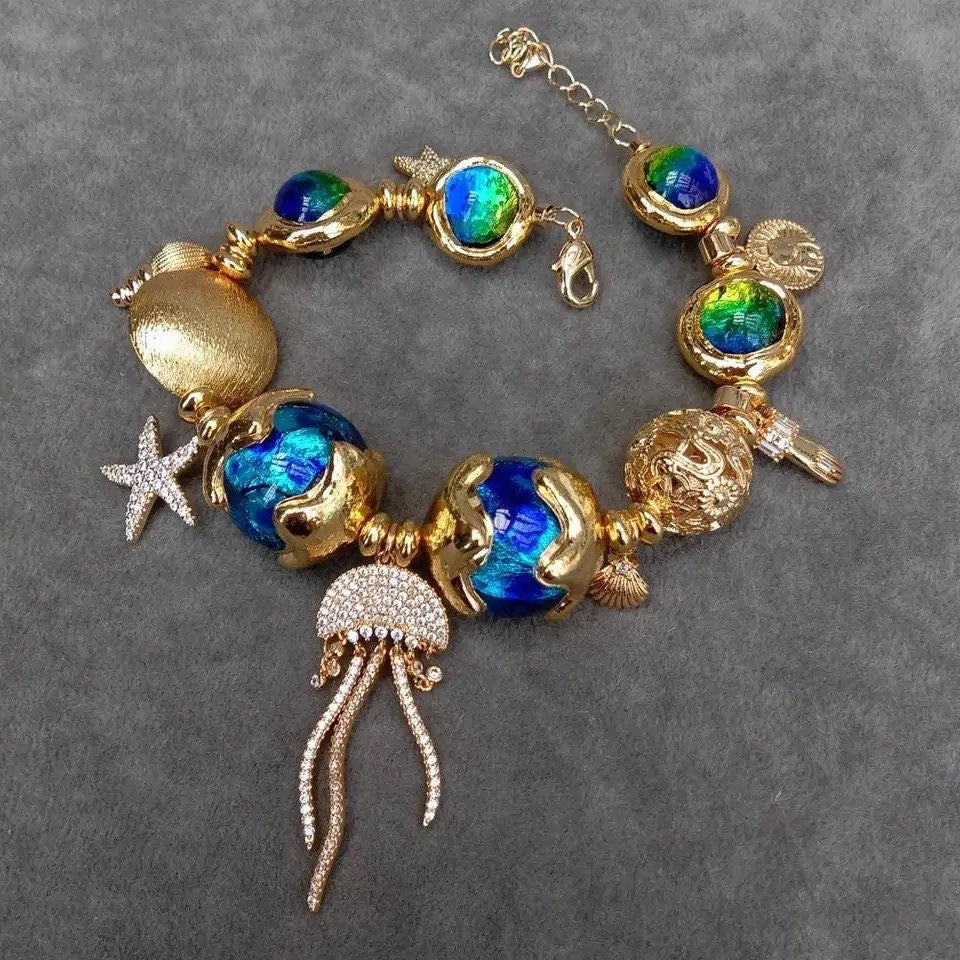Blue Murano Glass Gold Plated Jelly Fish Charm Bracelet - Pink Fantasma