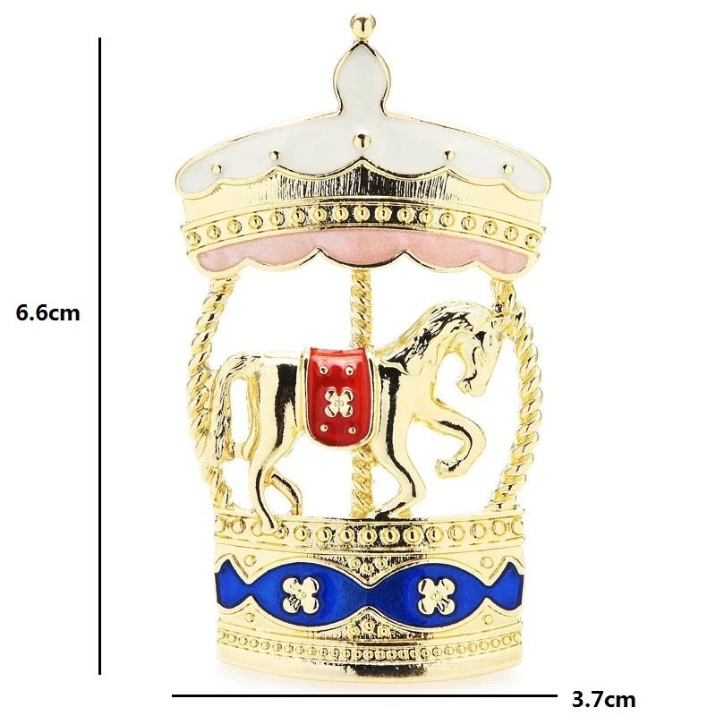 Enamel Horse Carousel Brooch Pin - Pink Fantasma