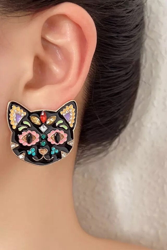 Black Rhinestone Cat earrings - Pink Fantasma