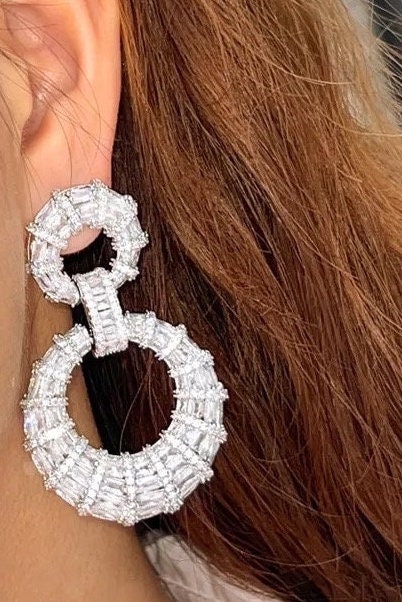 Silver Cubic Zirconia Dangle Earrings|Wedding Earrings | - Pink Fantasma