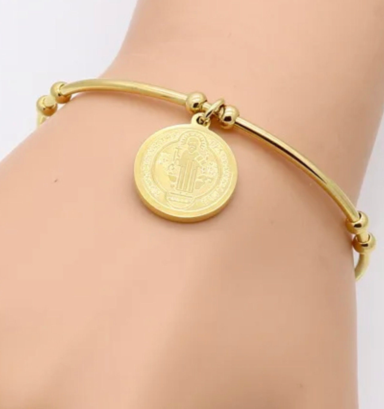 Saint Benedict Medal Bracelet,Saint Benito Bracelet, St.Benedict - Pink Fantasma