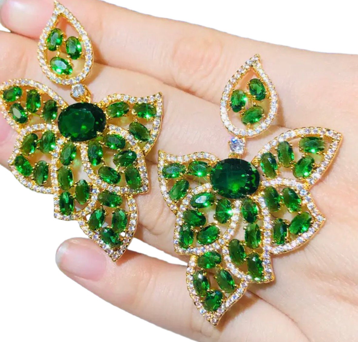 Leaf Shape, Yellow Gold Plated Green CZ Crystal Drop Earrings |Green Crystal Earrings|Formal earrings - Pink Fantasma