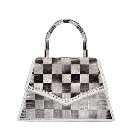 Checkered pattern crystal evening bag| black, and white Rhinestones purse