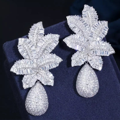 Large Leaf Drop Dangle Cubic Zirconia Earrings|Crystal Earrings