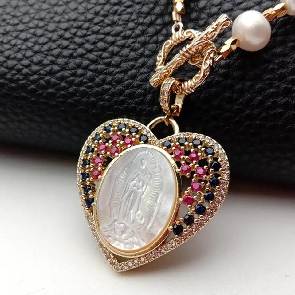 Virgin Mary Necklace | Lady Guadalupe |Mother Mary Necklace| Collar Virgencita de Guadalupe| Mother Mary Pearl Necklace| Mary gift