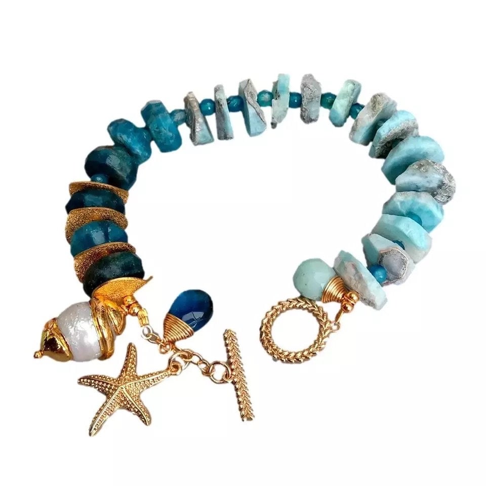 Natural Blue Larimar Slice Apatite Rondelle Bracelet with Keshi Pearl with Seastar