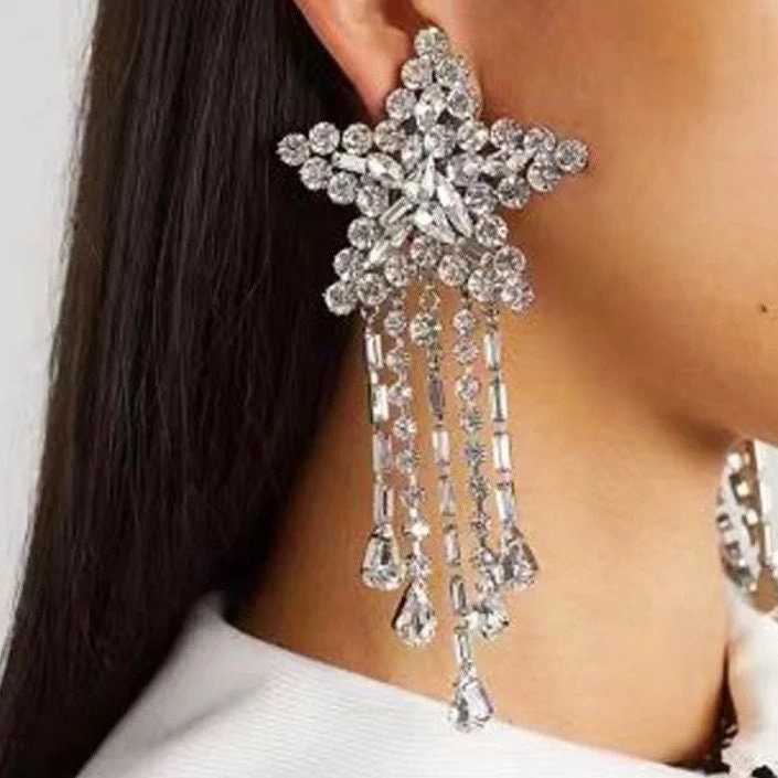 Star Crystal Tassel Earrings| Star earrings|Crystal earrings - Pink Fantasma 