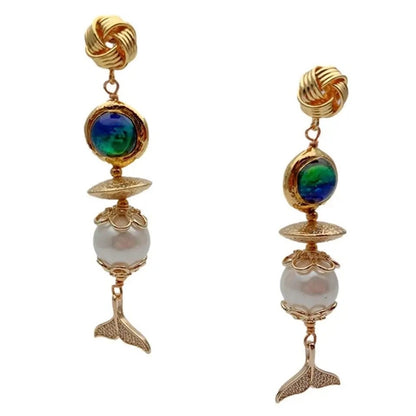 Blue Murano Glass White Sea Shell Pearl Cz Pave Fish Tail Drop Stud Earrings