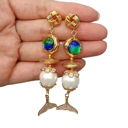 Blue Murano Glass White Sea Shell Pearl Cz Pave Fish Tail Drop Stud Earrings