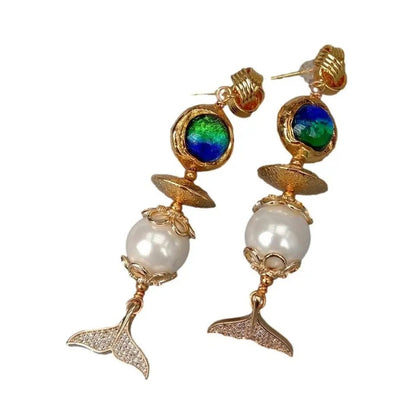 Blue Murano Glass White Sea Shell Pearl Cz Pave Fish Tail Drop Stud Earrings