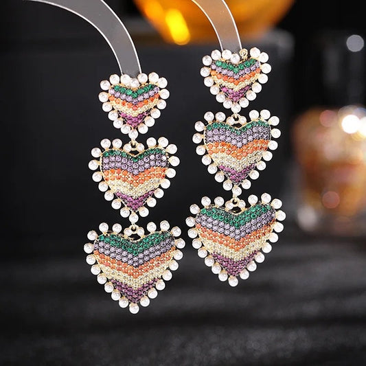 Colorful Crystal Heart Dangle Earrings|Heart colorful statement earrings