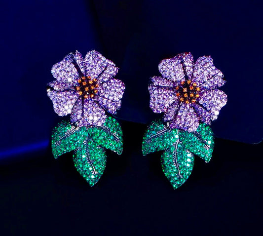 Purple Flower Crystal Earrings|CZ crystal earrings| Formal earrings |Flower earrings - Pink Fantasma 