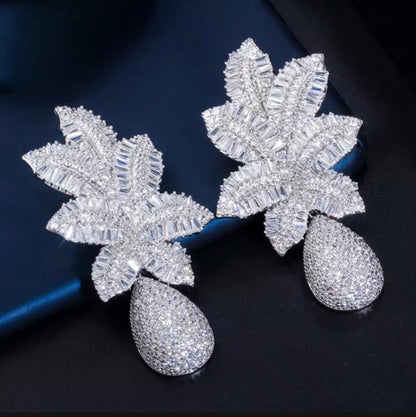 Large Leaf Drop Dangle Cubic Zirconia Earrings|Crystal Earrings