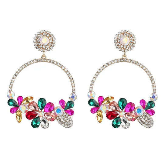 Colorful Rhinestone Round Earrings - Pink Fantasma 