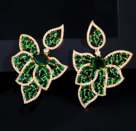 Leaf Shape, Yellow Gold Plated Green CZ Crystal Drop Earrings |Green Crystal Earrings|Formal earrings - Pink Fantasma 