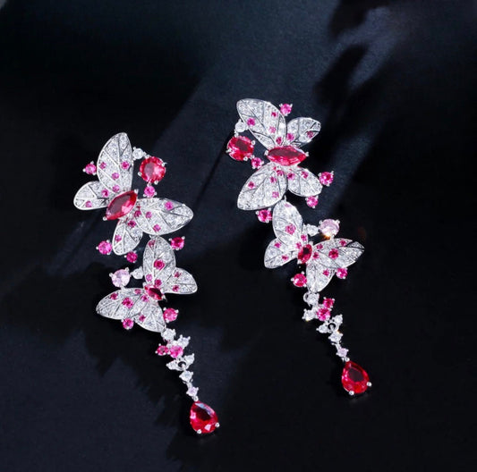 Butterfly Crystal Earrings|CZ crystal earrings| Formal earrings |Butterfly earrings - Pink Fantasma 