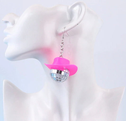 Cowgirl earrings| Pink Cowboy earrings/Pink Cowboy hat|Disco ball earrings/Disco ball cowboy hat earrings. - Pink Fantasma 